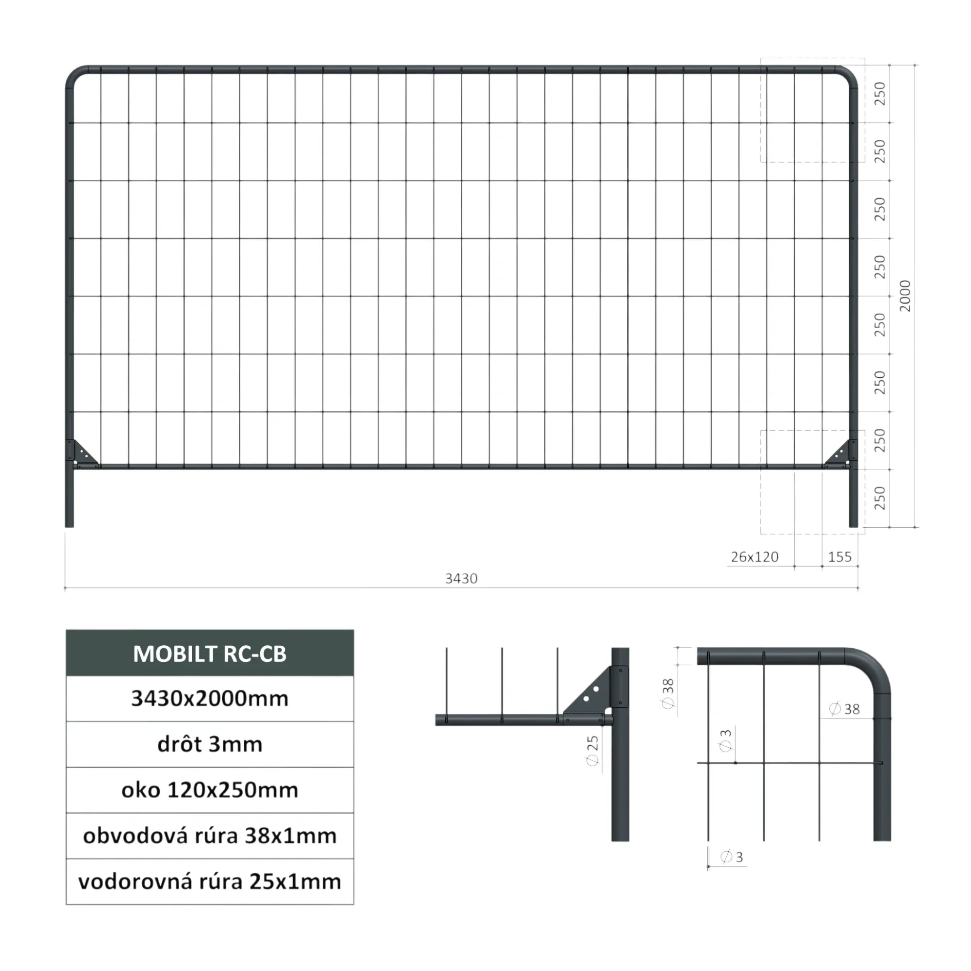 Mobilný panel štandardný 3434x2000 mm - RC - CB