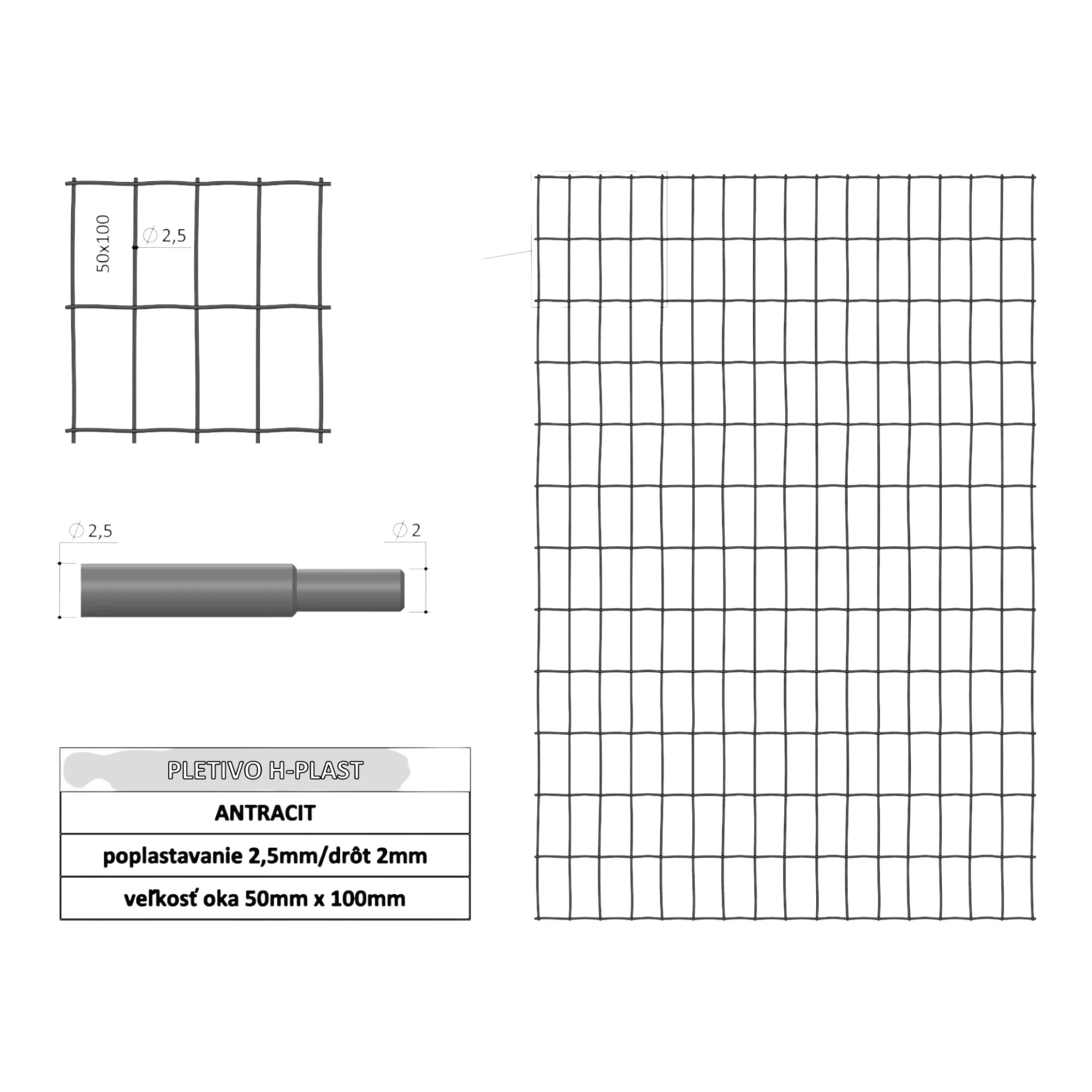 Pletivo H-plast antracit 50x100x2.5x1000 mm