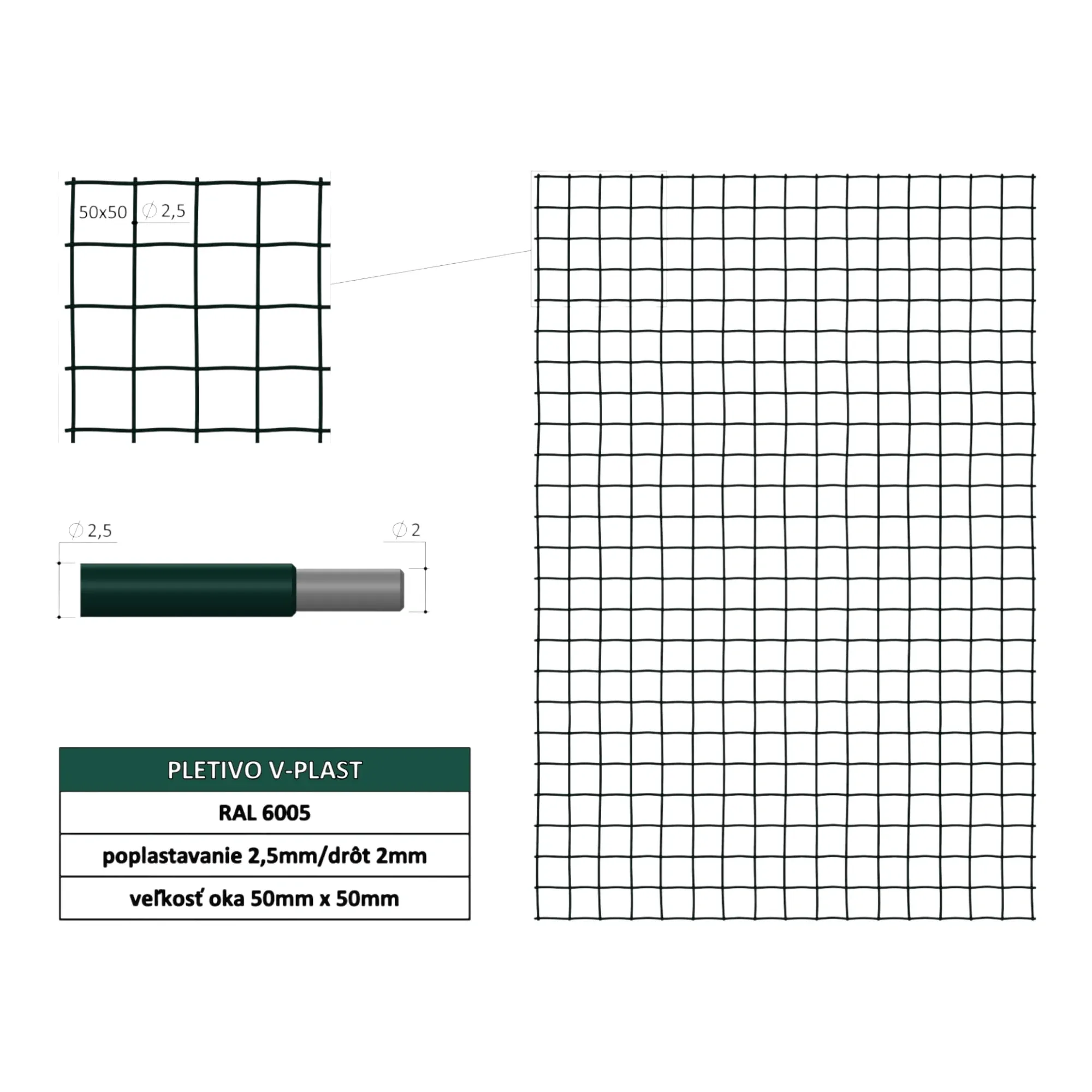 Pletivo V-plast zelené 50x50x2.5x1500 mm