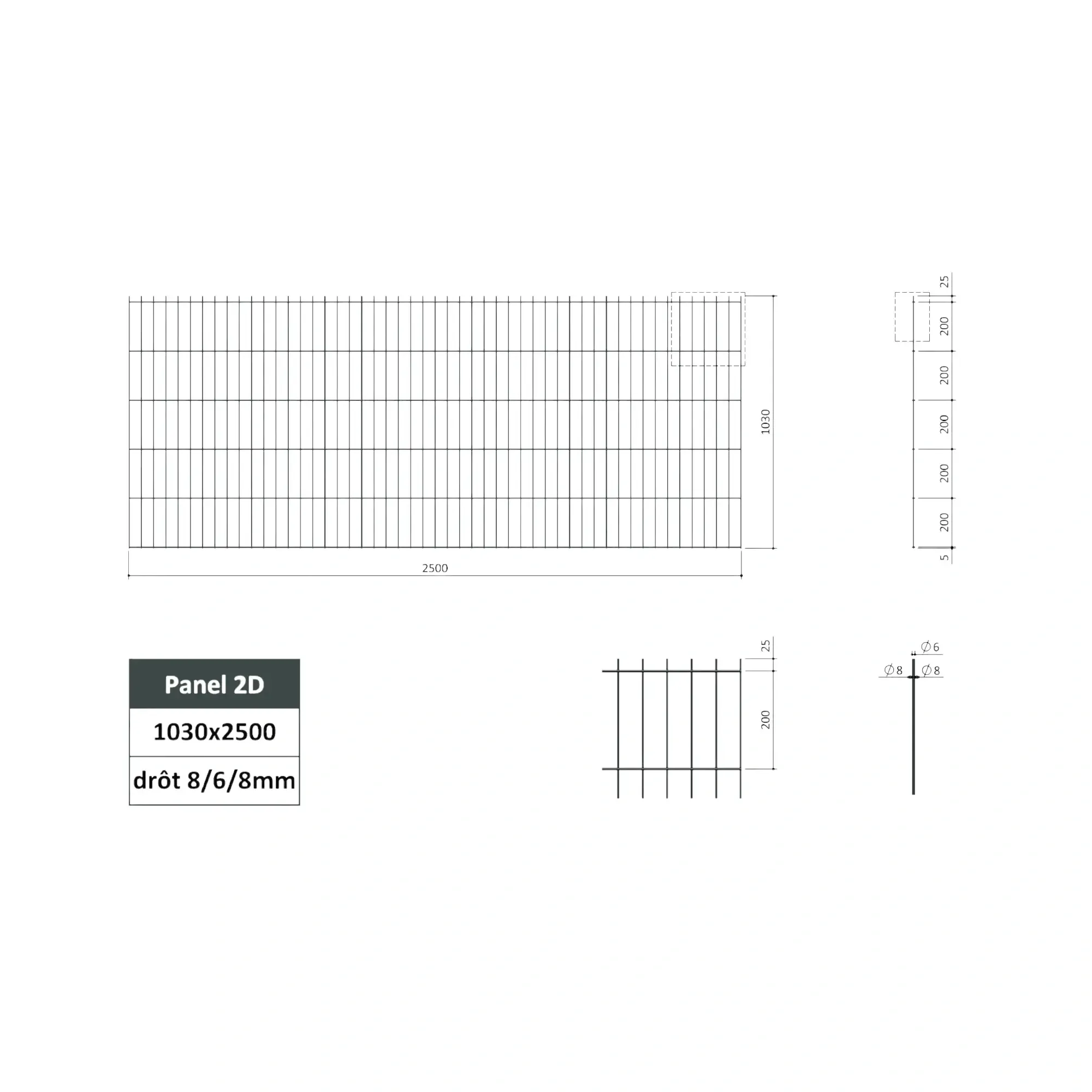 Plotový panel 2D 8/6/8 mm ZN 2500x1030 mm