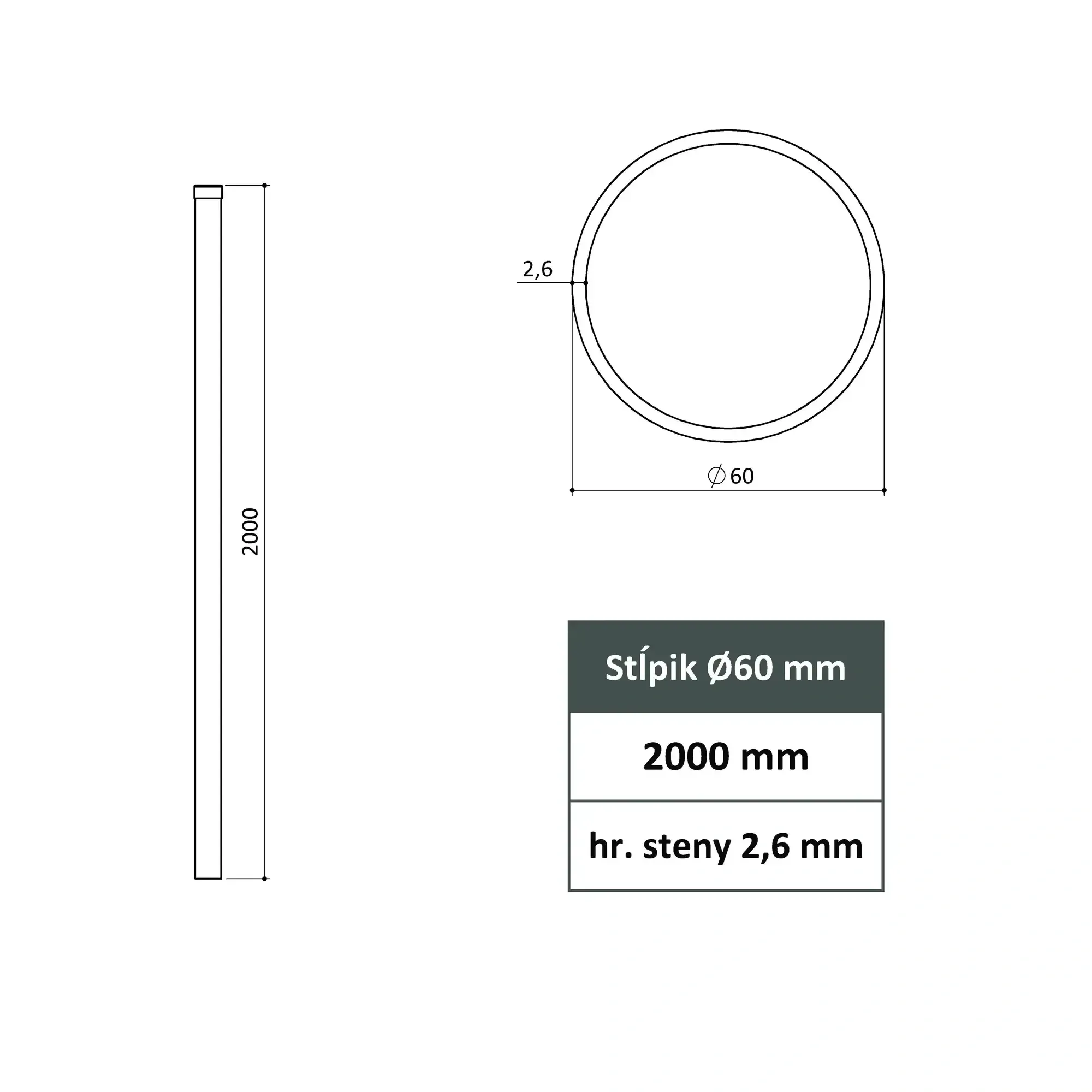Stĺpik 60 mm ZN 2000 mm/hrúbka 2,6mm