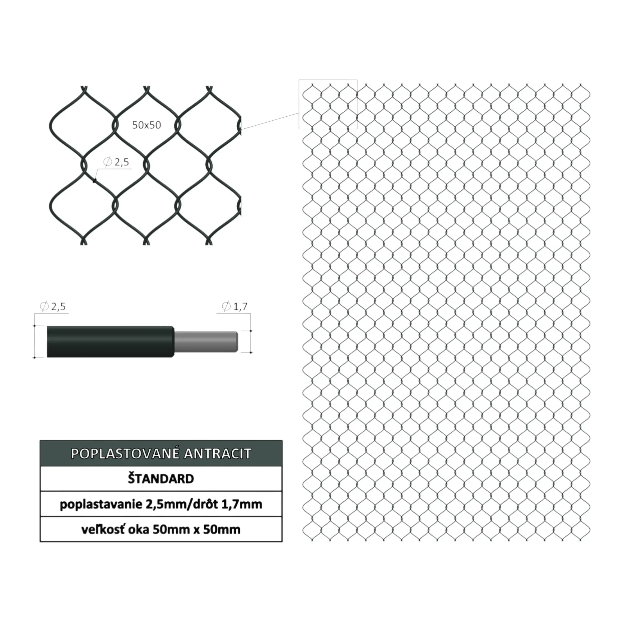 Štvorhranné pletivo Standard antracit 50x2.5(1.7)x1800 mm