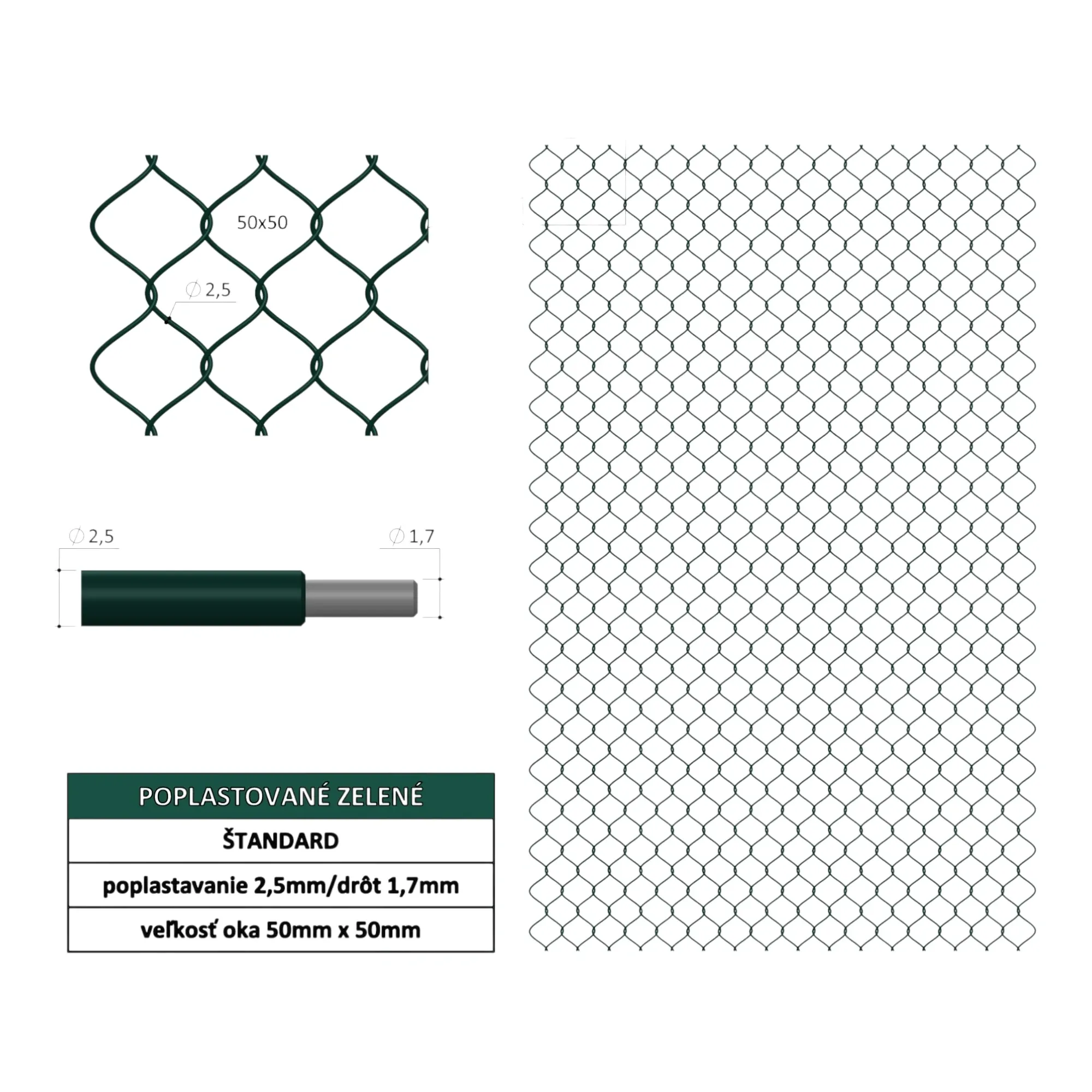 Štvorhranné pletivo Standard zelené 50x2.5(1.7)x2000 mm