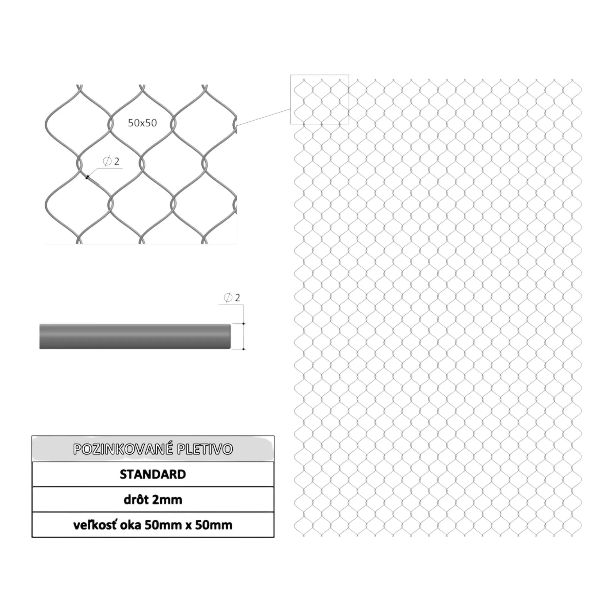 Štvorhranné pletivo Standard ZN 50x2.0x1250 mm