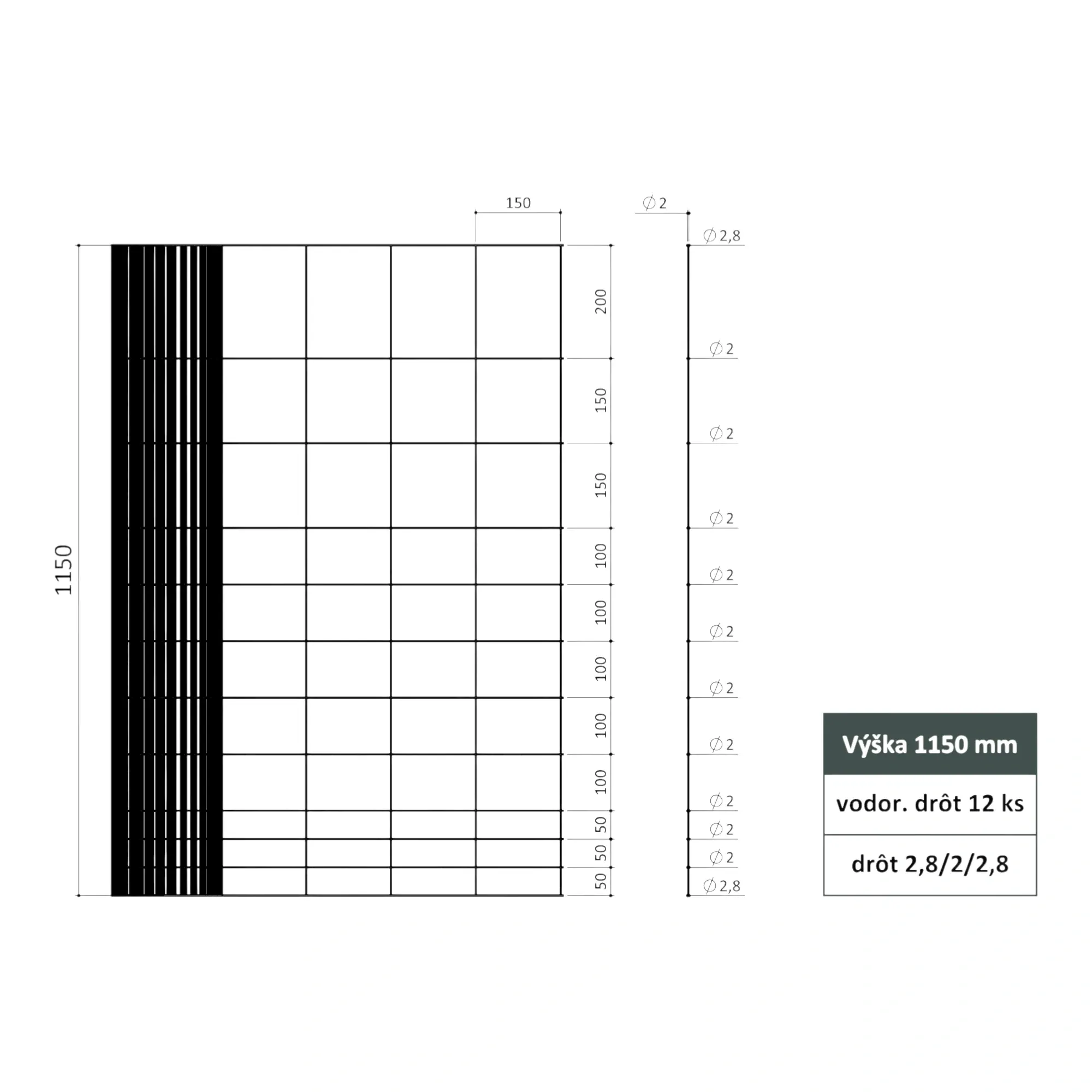 Uzlové pletivo 2.0-2.8 mm, 12/15/1150 mm